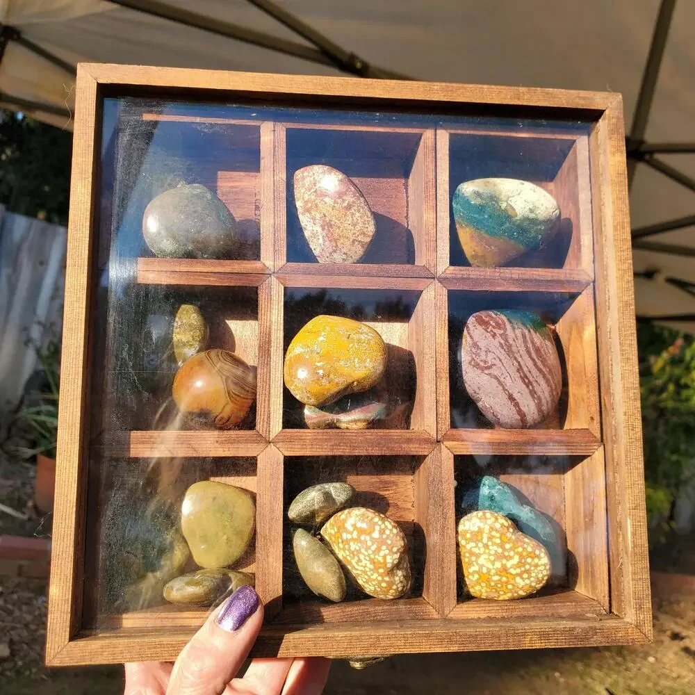 Bohemian Stained Pine Wood Glass Top Crystal Storage Organizing Box with Remova